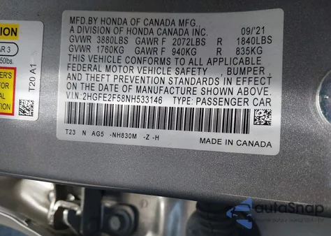 2022 Honda Civic Sport from USA, damaged, VIN 2HGFE2F58NH533146